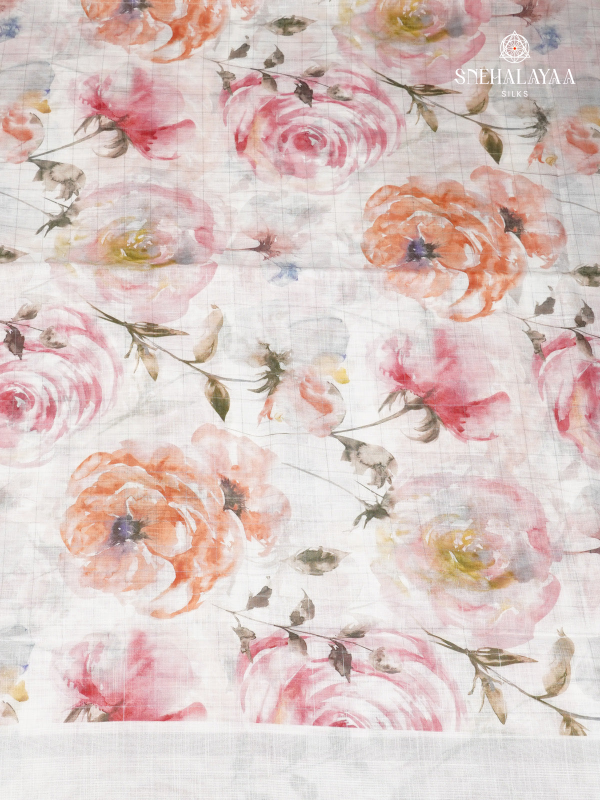 Off White Printed Linen Saree