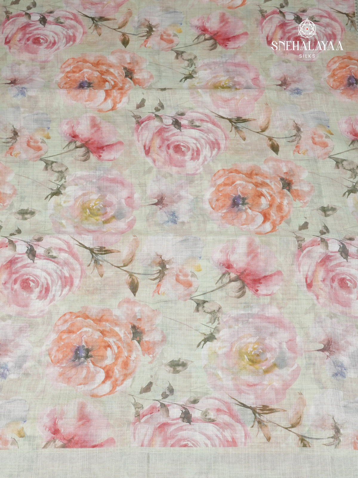 Off White Printed Linen Saree