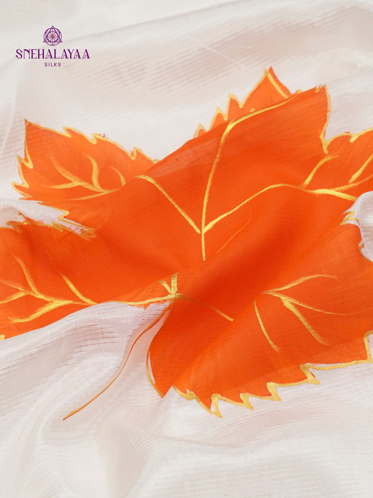 Off White Mangalagiri Silk Cotton Saree with Hand Painted Orange Leaf Motifs
