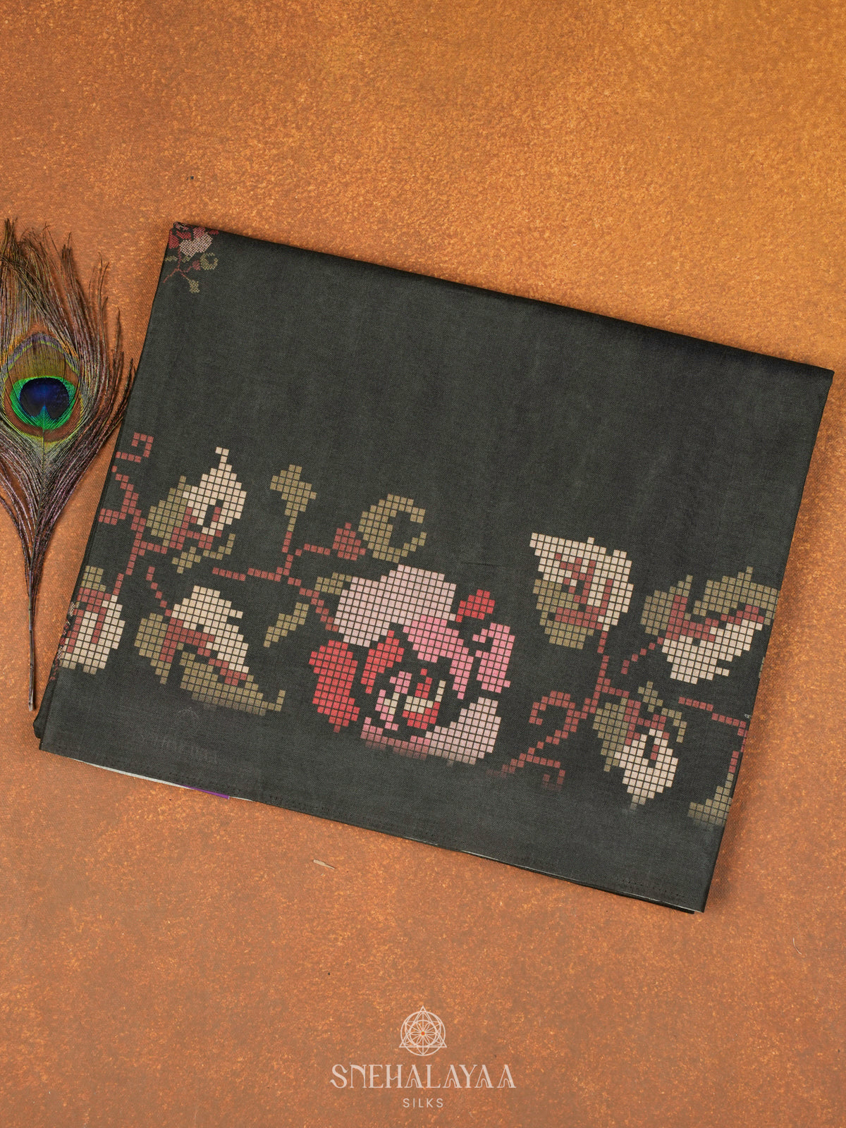 Olive Green Floral Printed Tussar Saree