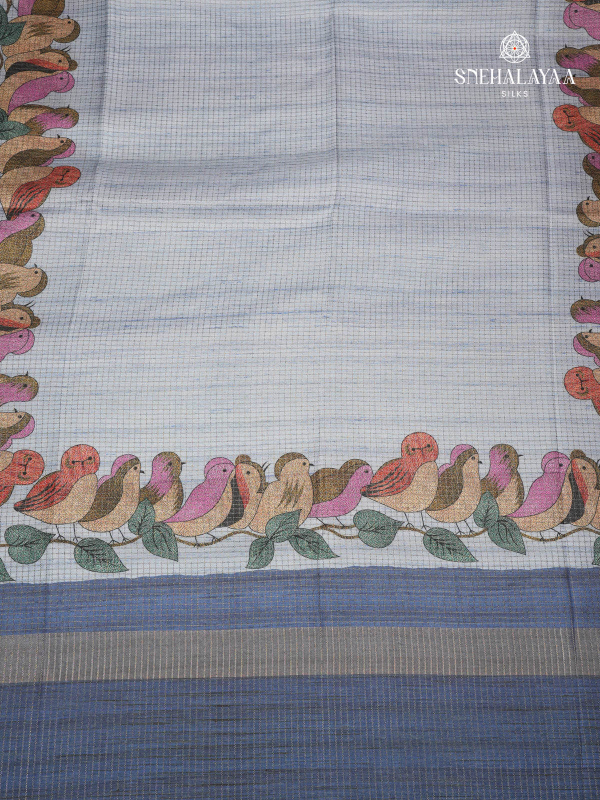 Pastel Blue Floral Printed Tussar Saree