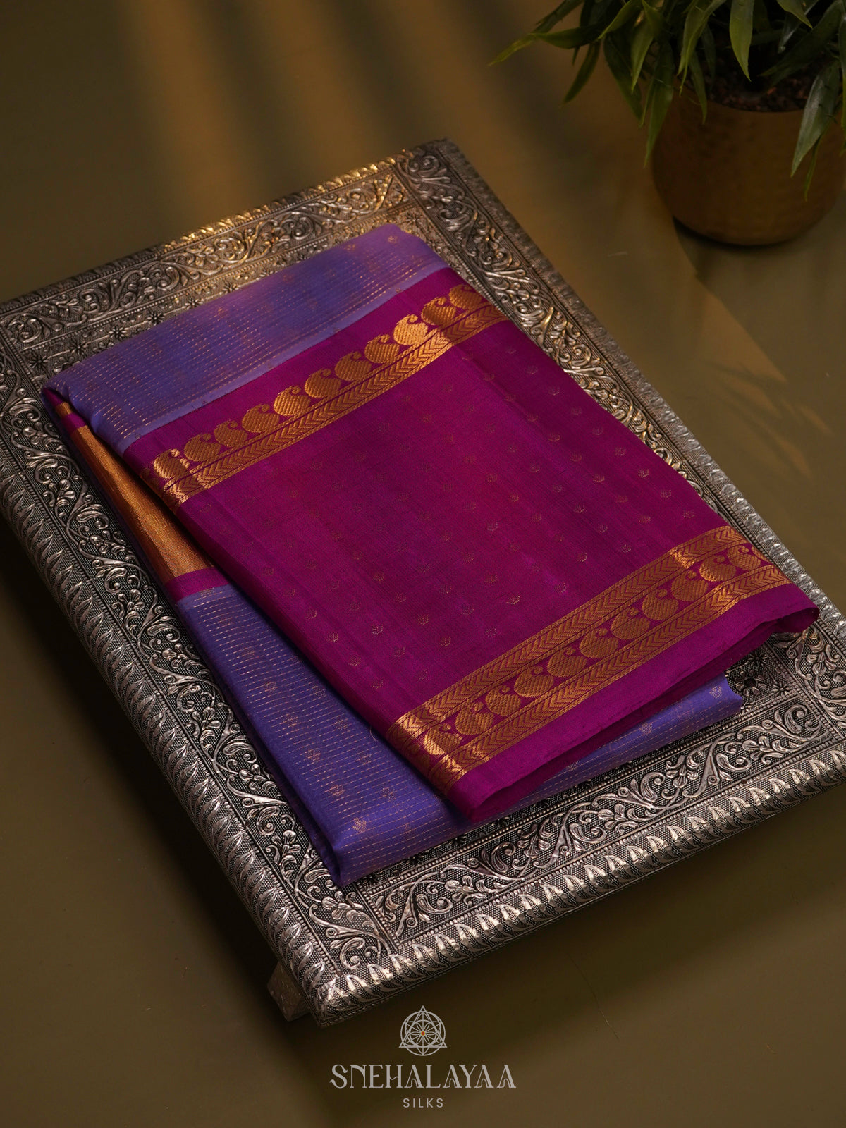 Lavender Kuppadam Silk Cotton Saree with Magenta Border