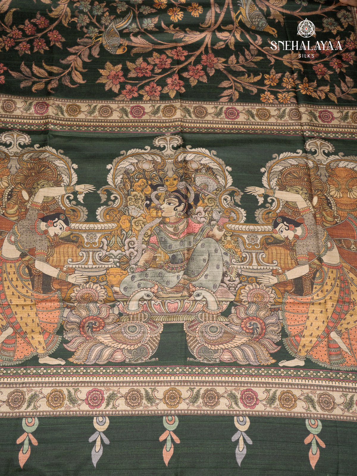 Forest Green Printed Tussar Saree