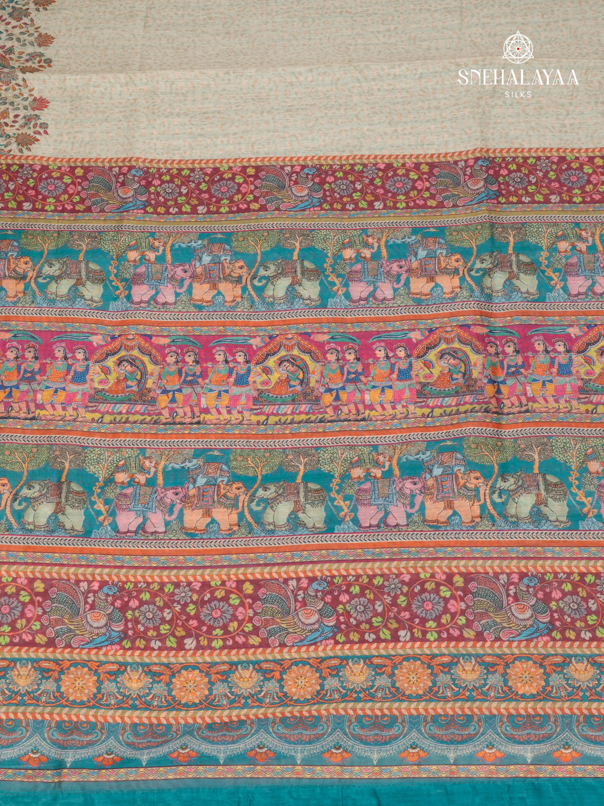 Beige With Blue Border Linen Saree