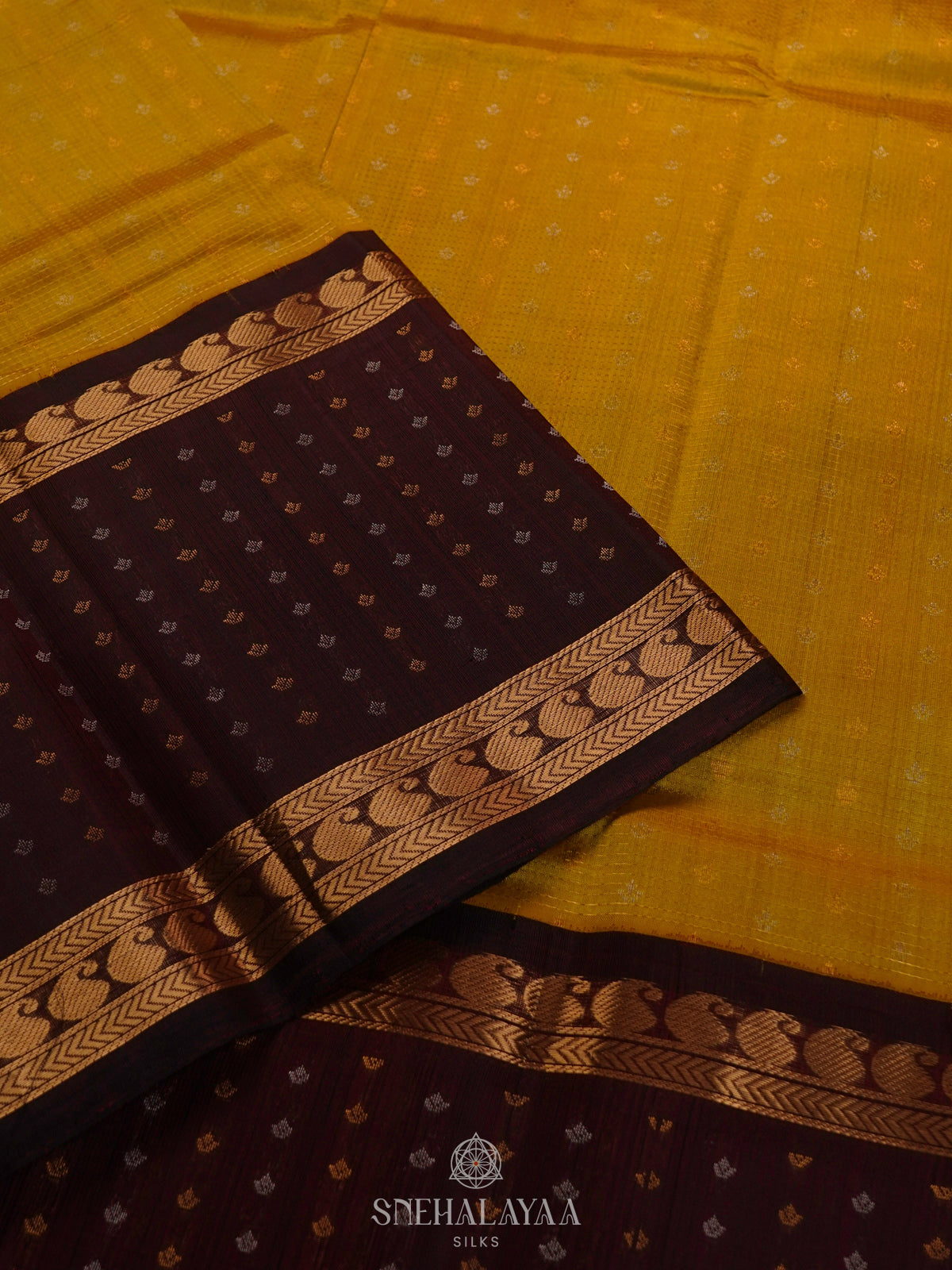 Mustard Kuppadam Silk Cotton Saree with Burgundy Border