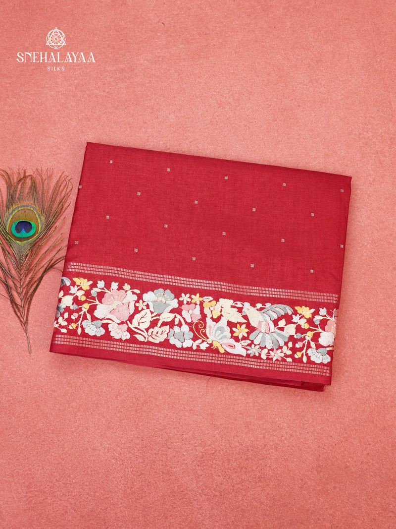 Red Munga Tussar Embroidery Saree