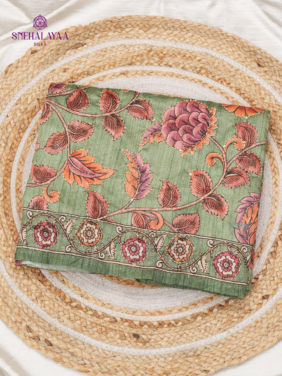 Olive Green Tussar Embroidery Saree