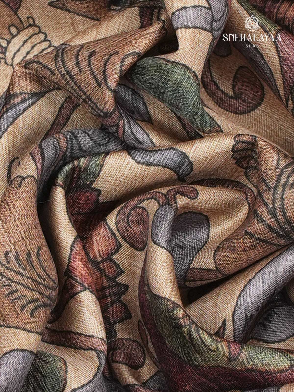 Beige With Maroon Border Kalamkari Tussar Saree