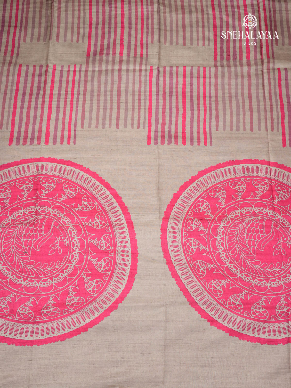 Beige Printed Tussar Saree