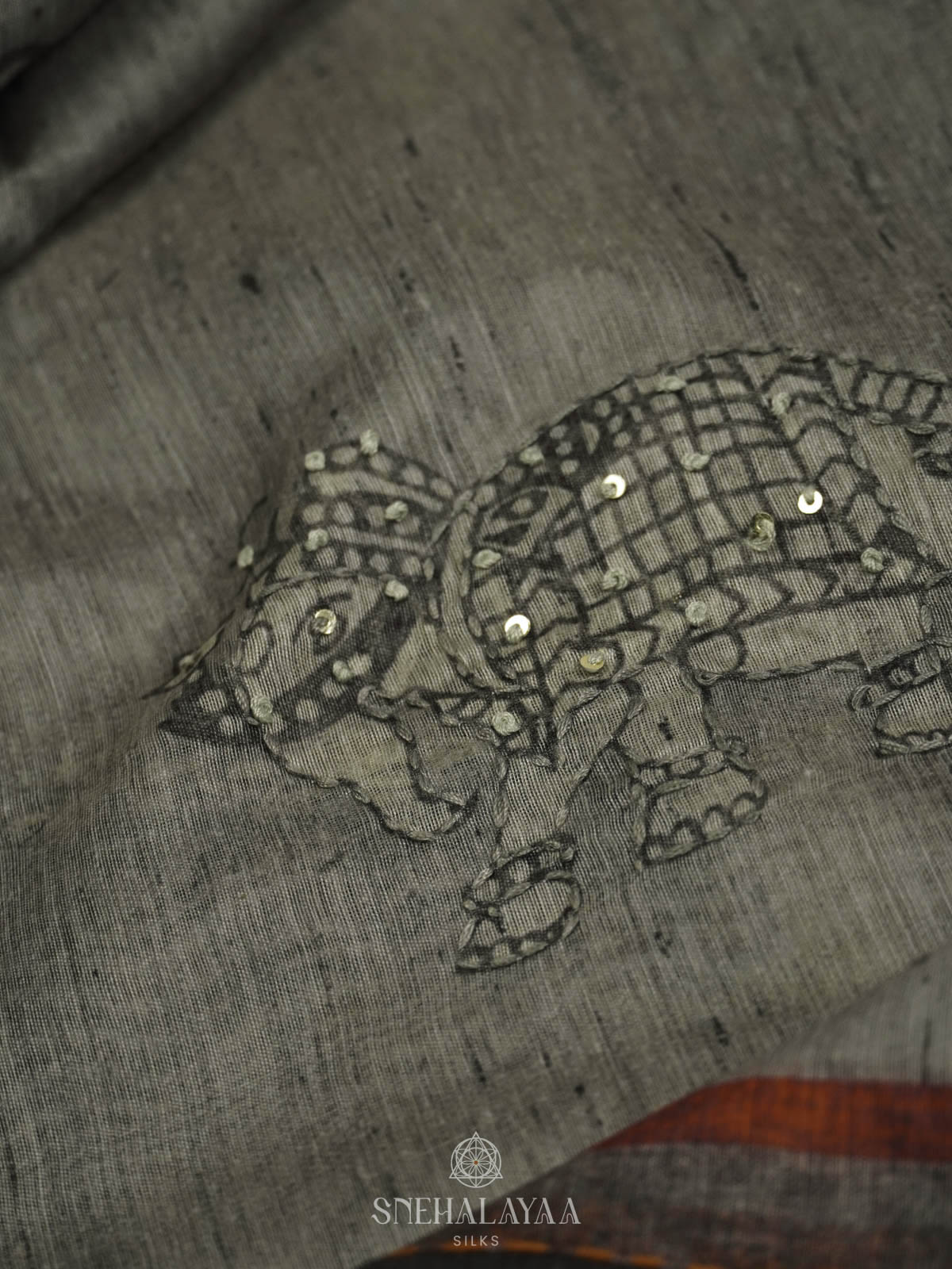 Grey Linen Embroidery Saree