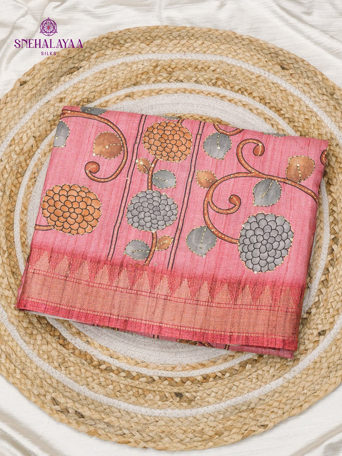 Pink Tussar Embroidery Saree