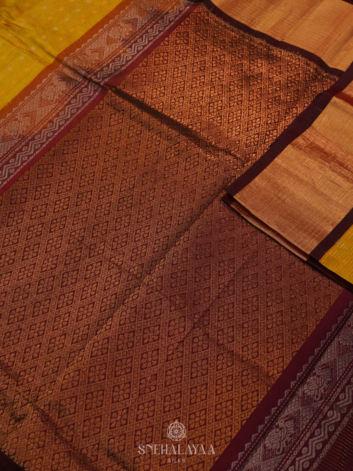 Mustard Kuppadam Silk Cotton Saree with Burgundy Border