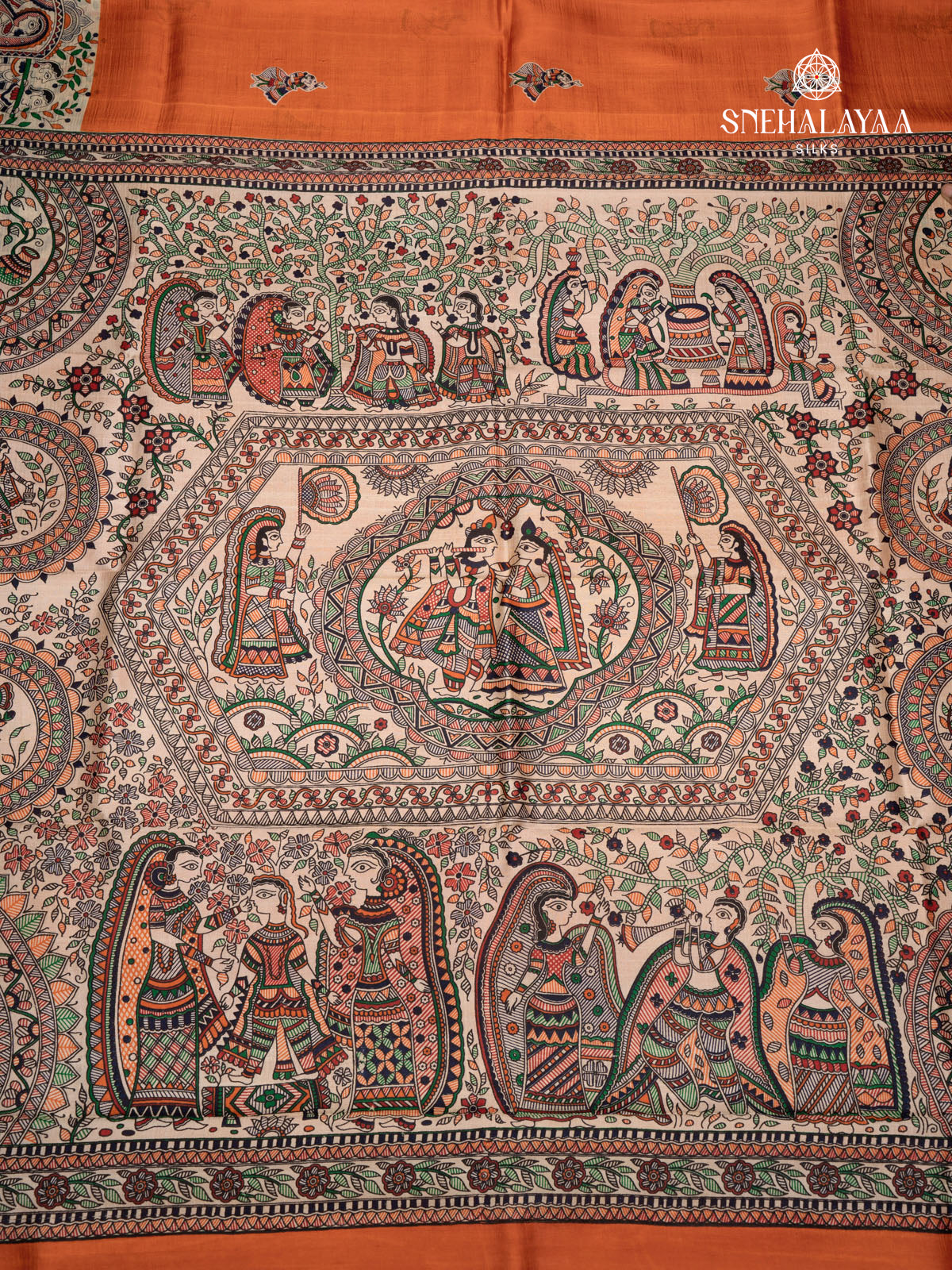 Orange Printed Tussar Saree