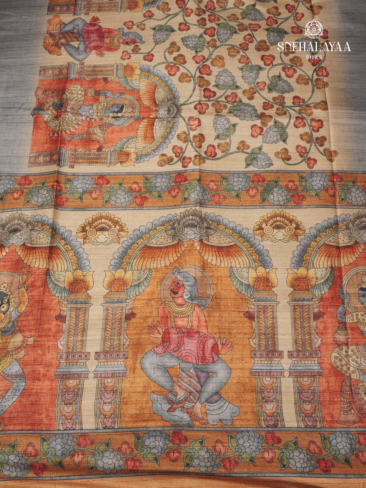 Beige with Grey Border Kalamkari Tussar Saree