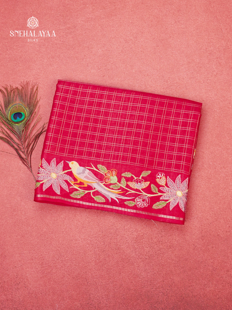 Ruby Red Munga Tussar Embroidery Saree