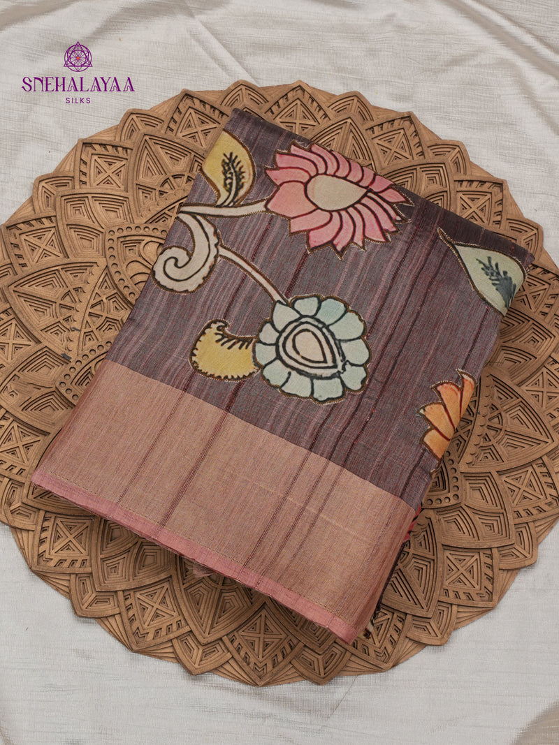 Brown Tussar Embroidery Saree