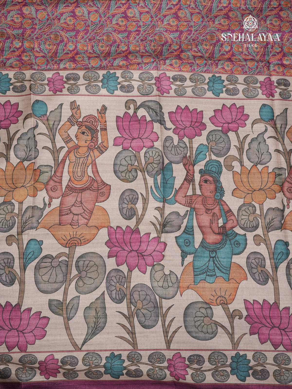 Magenta Floral Printed Tussar Saree