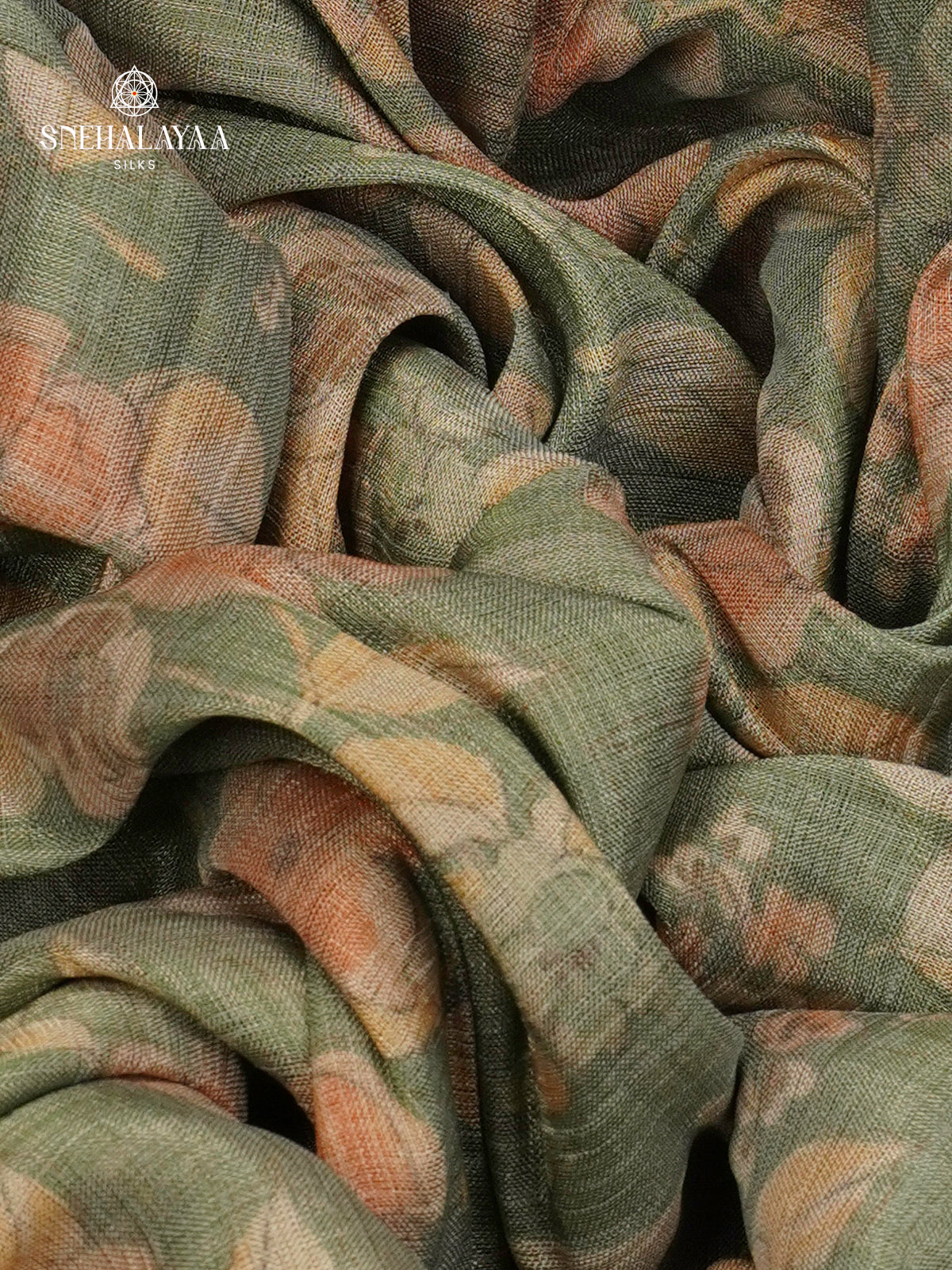 Olive Green With Orange Border Linen Tissue Saree