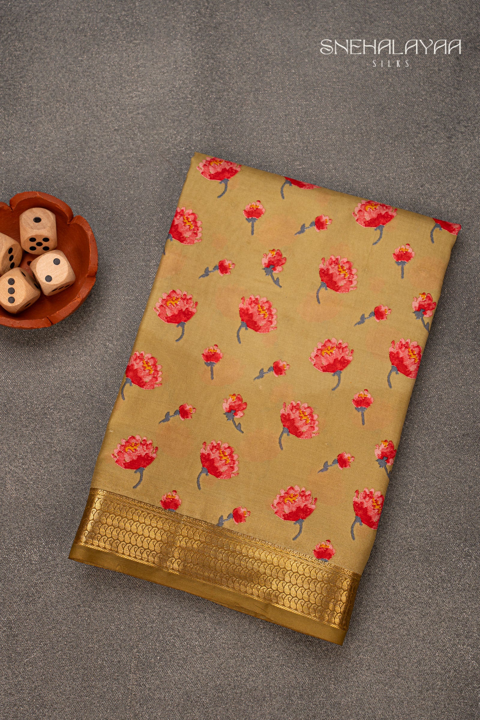 Olive Green Printed Mysore Silk Saree