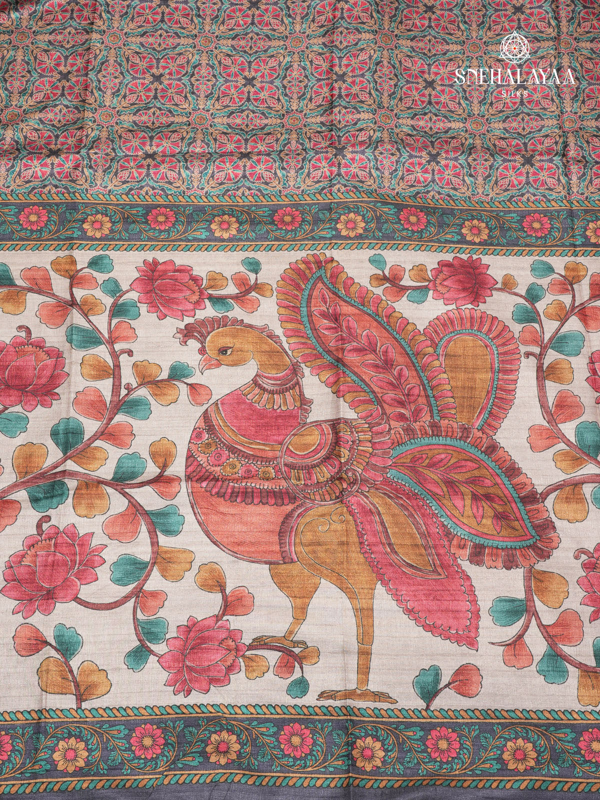 Grey Floral Printed Tussar Saree