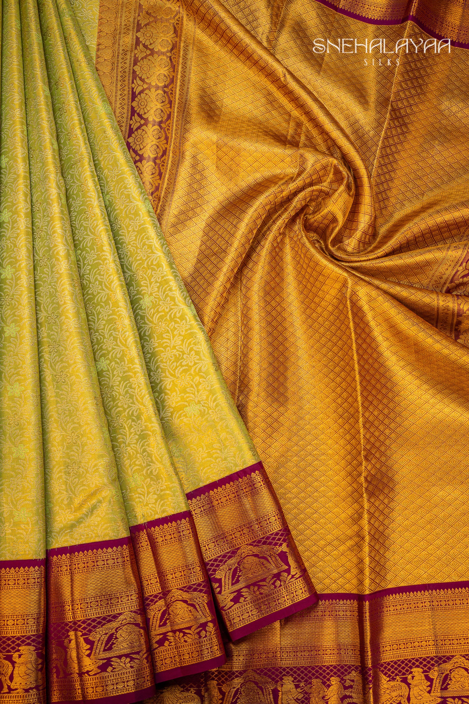 Chartreuse Green Tissue Kancheevaram Silk Saree