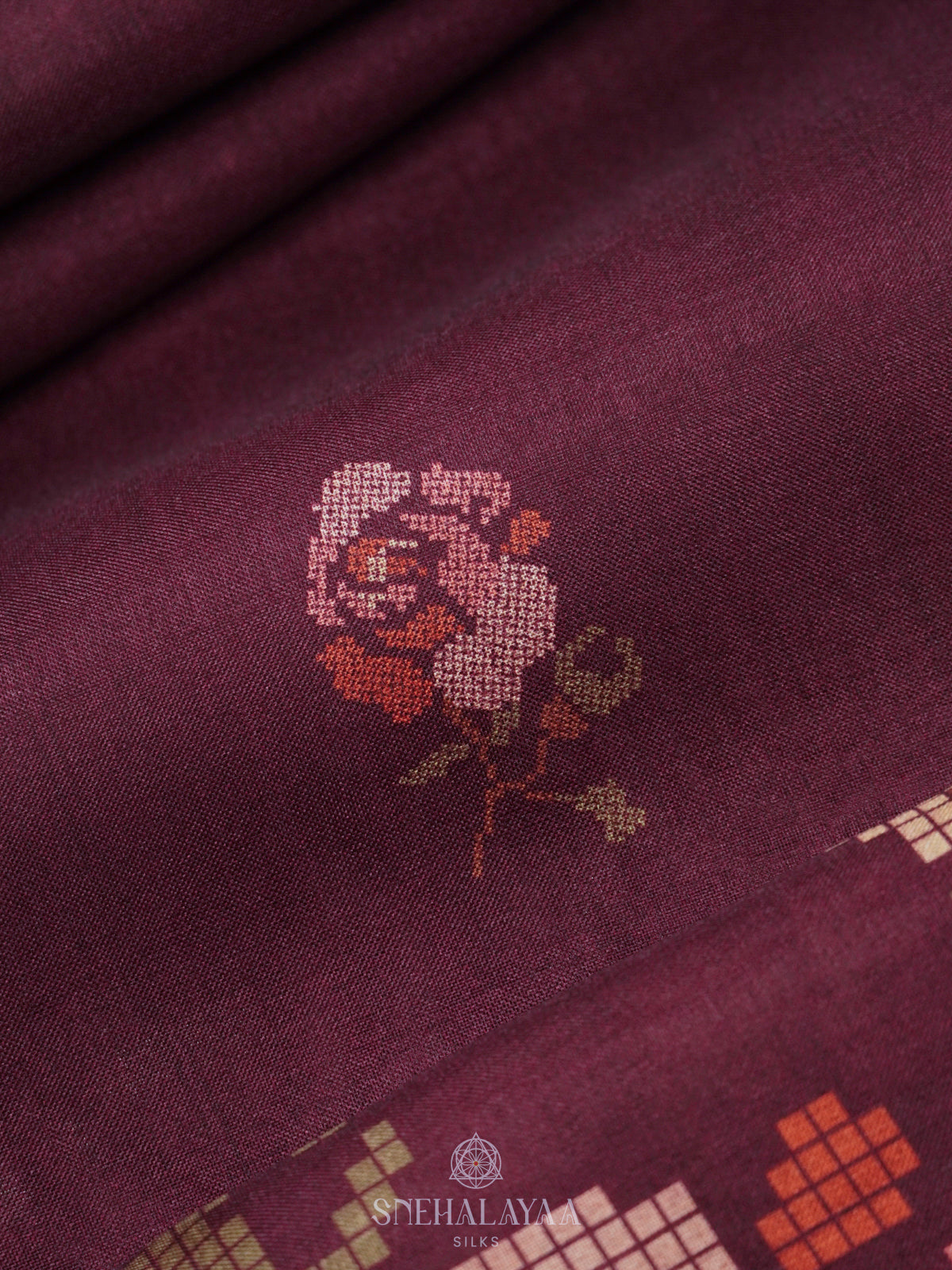 Magenta Floral Printed Tussar Saree