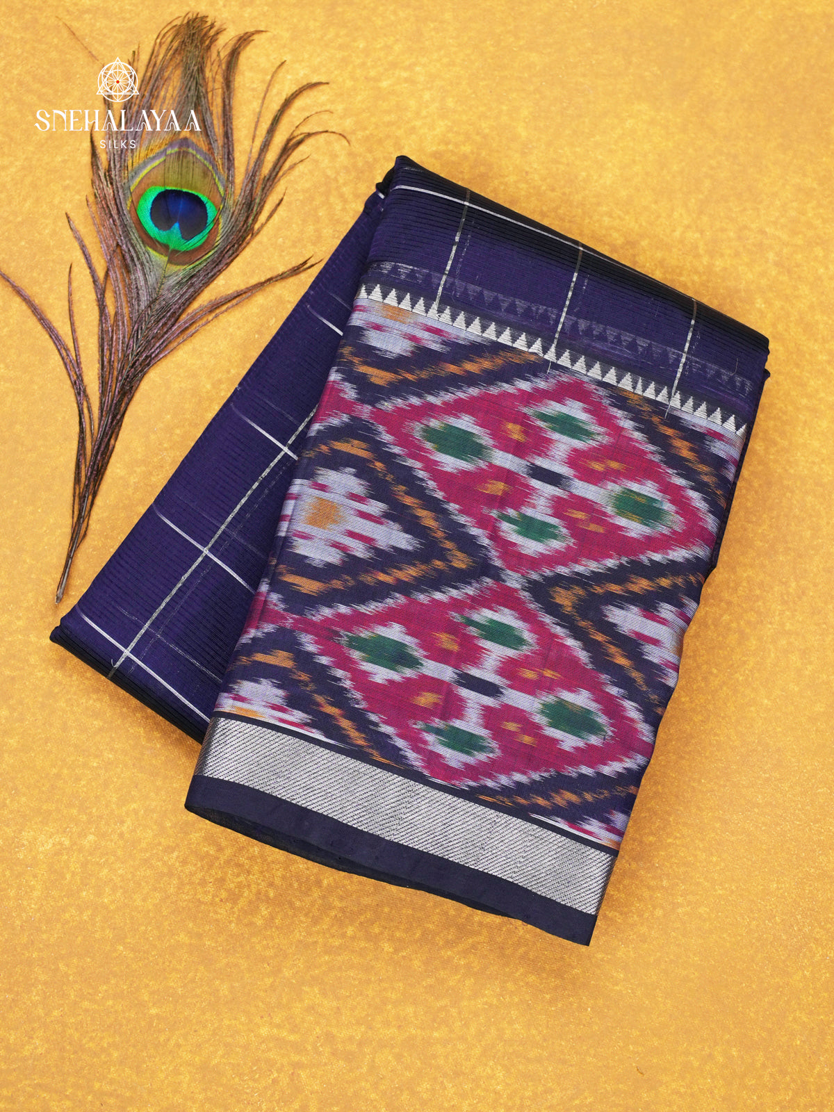 Navy Blue Mangalagiri Silk Cotton Saree with Ikat Border