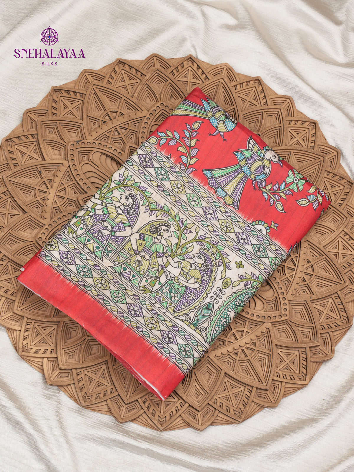 Red Madhubani Printed Saree