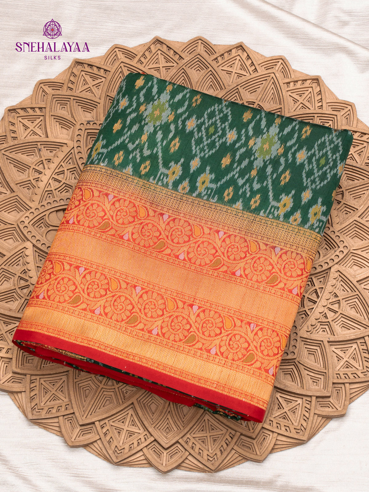 Bottle Green Ikat Silk Saree