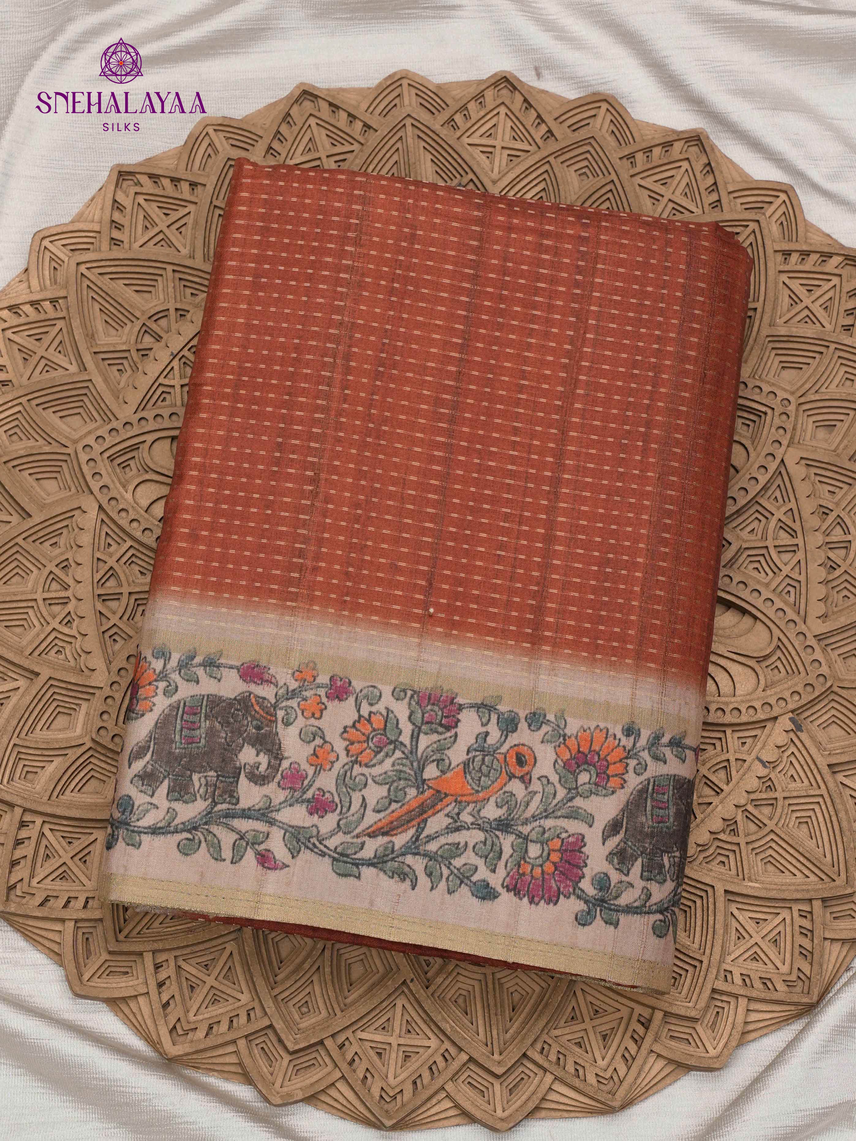 Rust Orange Floral Printed Tussar Saree