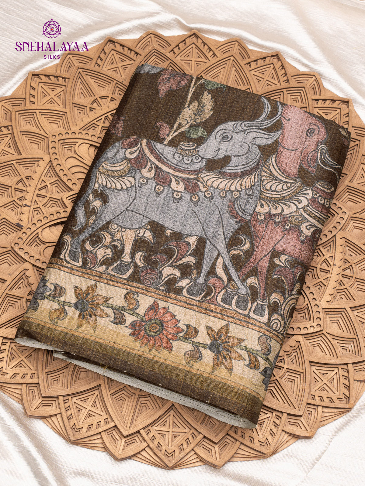 Brown Printed Tussar Saree