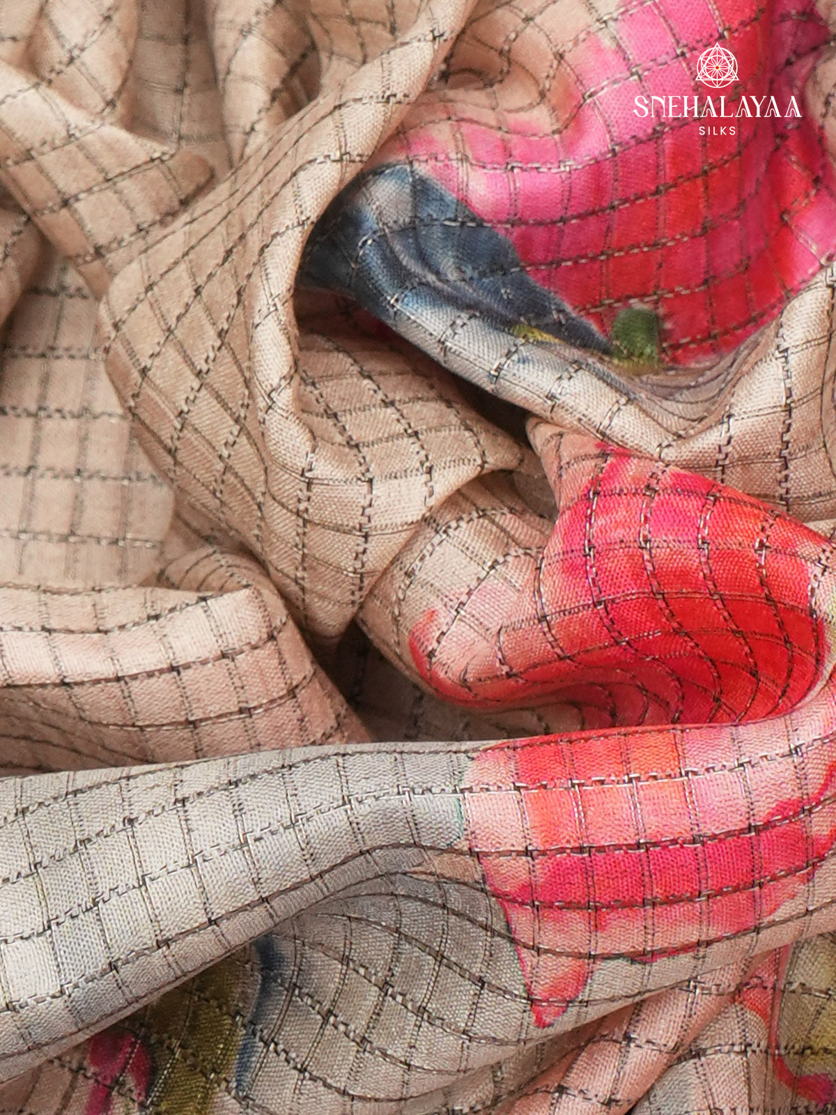 Beige Floral Printed Tussar Saree