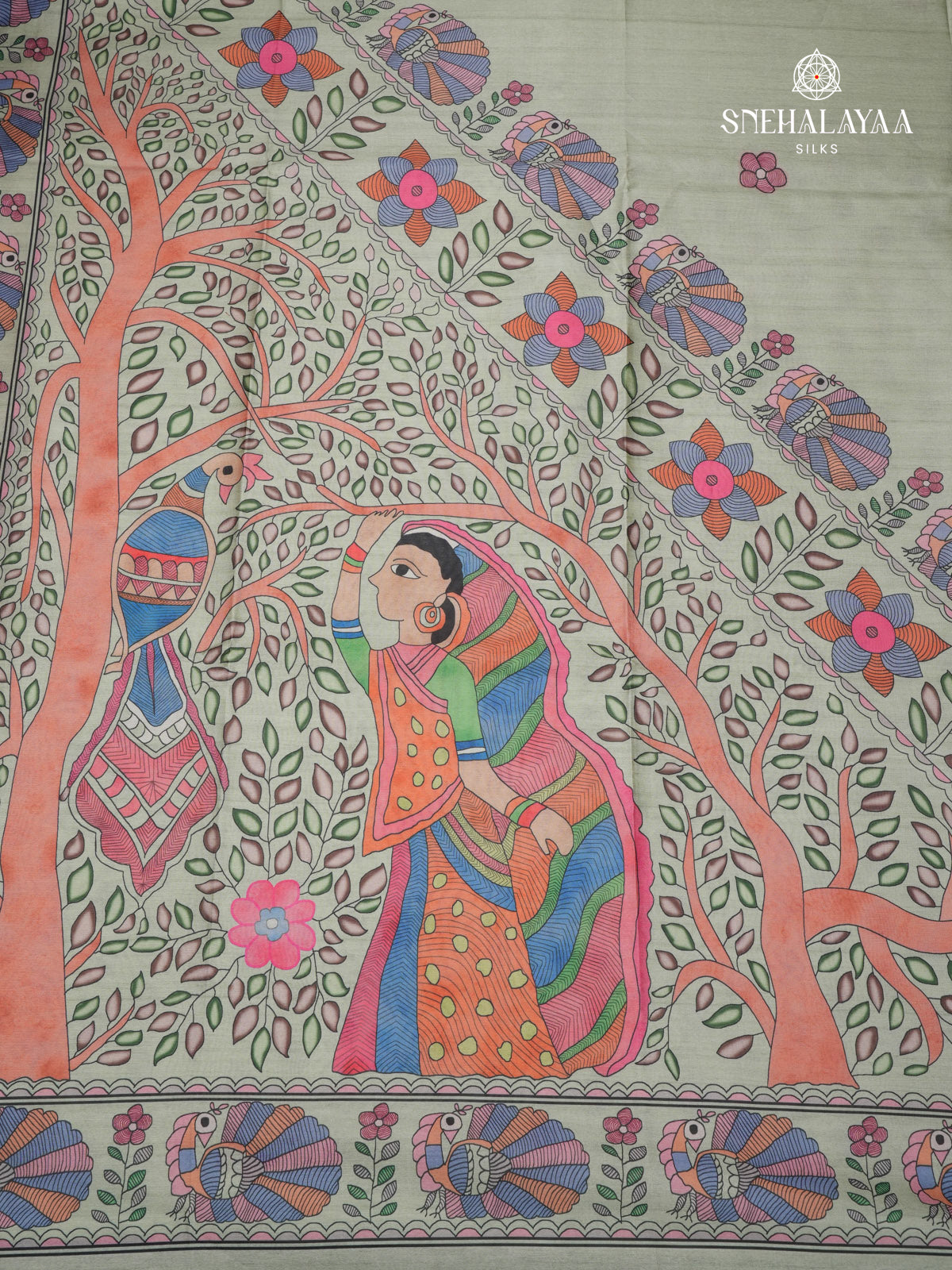 Pista Green Madhubani Printed Saree