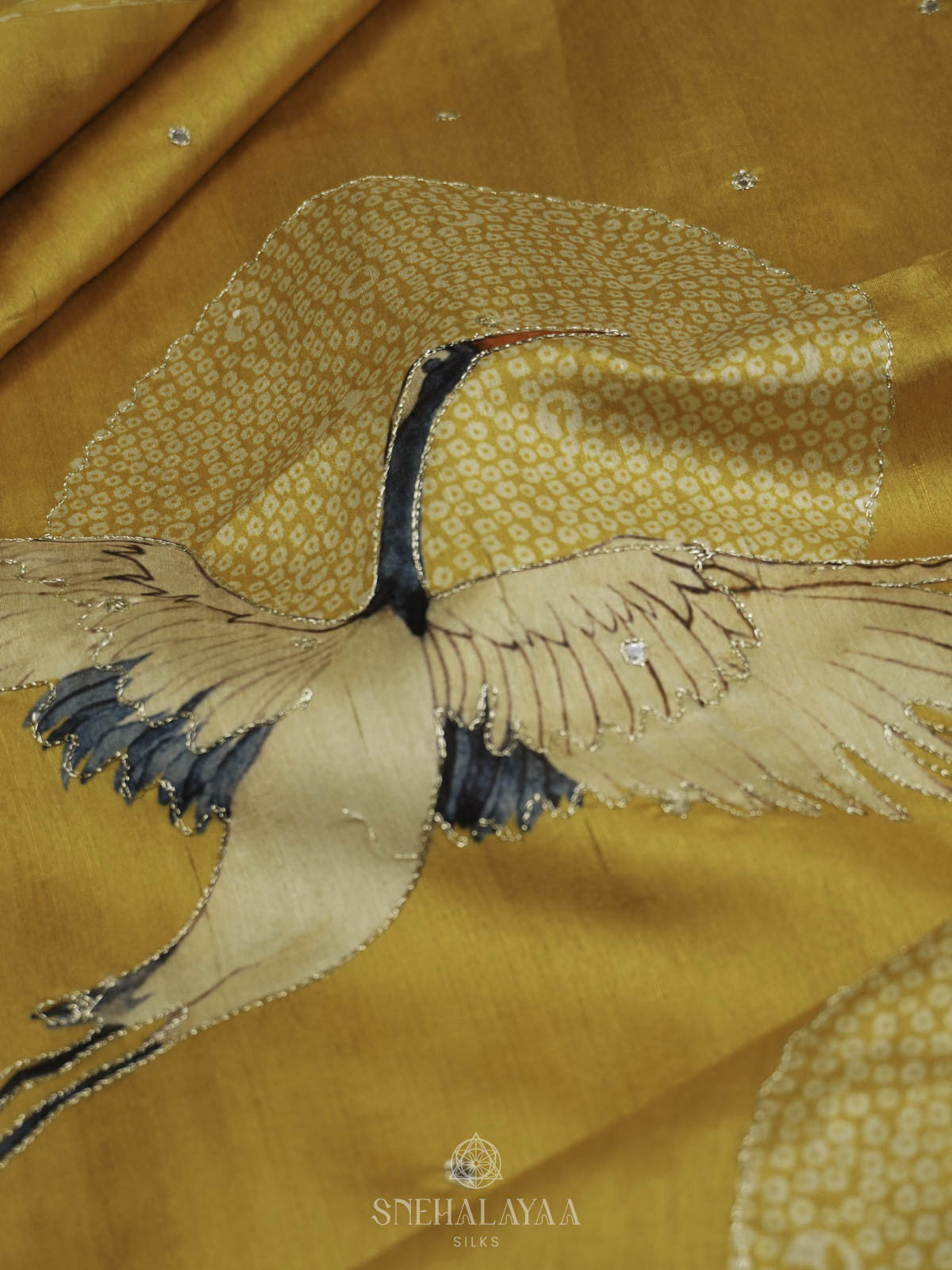 Yellow Raw Silk Embroidery Saree