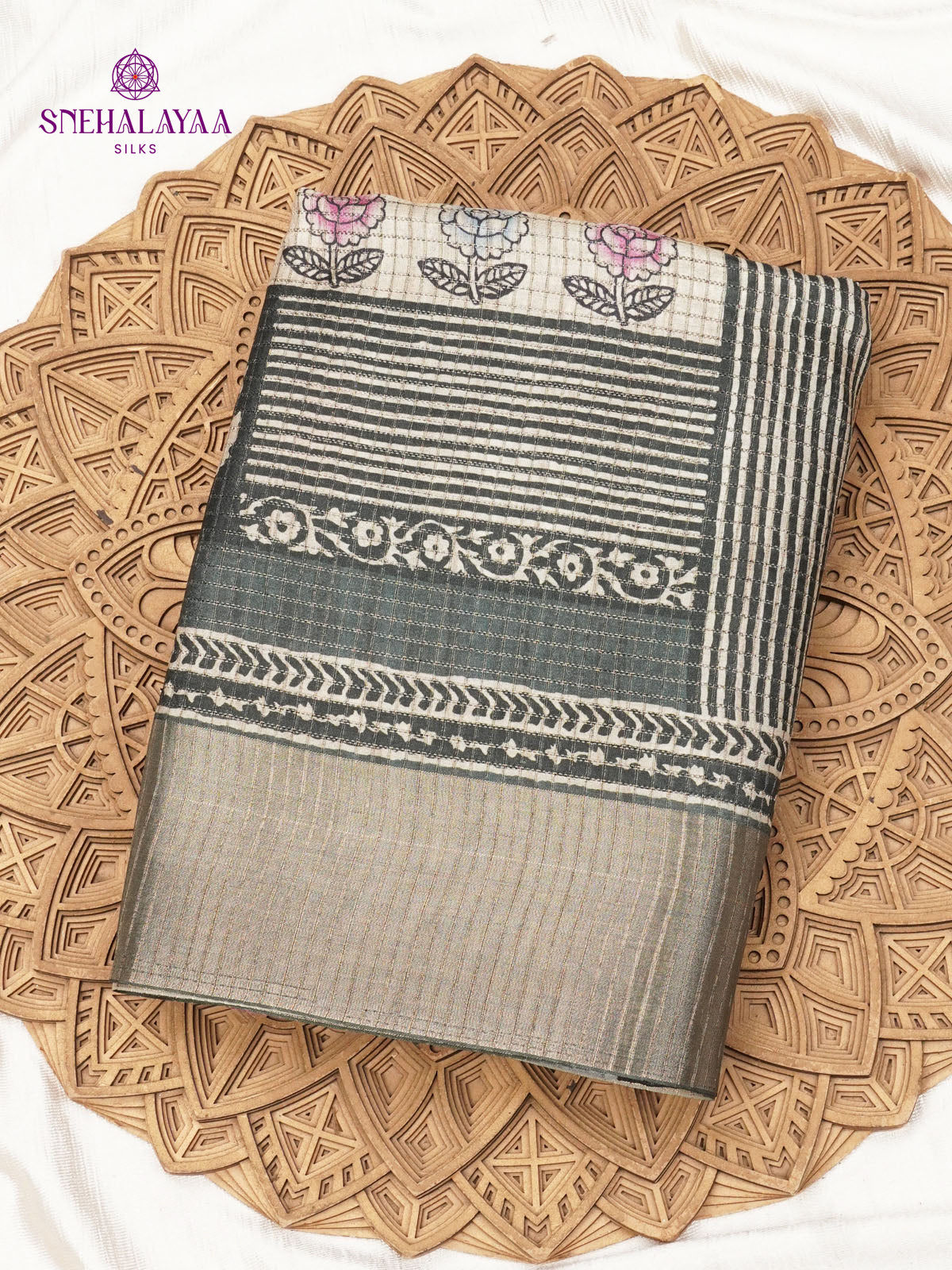 Grey Floral Printed Tussar Saree