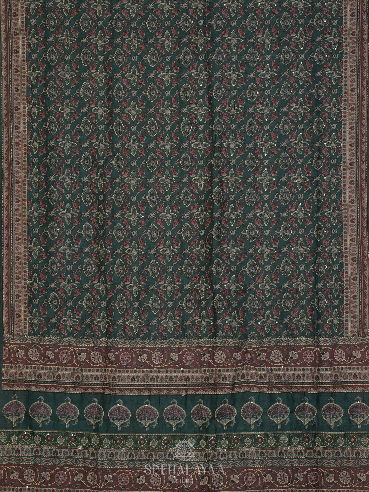 Forest Green Linen Embroidery Saree