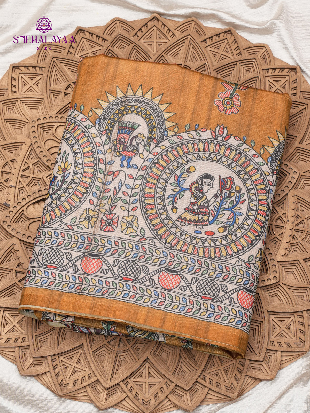 Mustard Madhubani Printed Saree