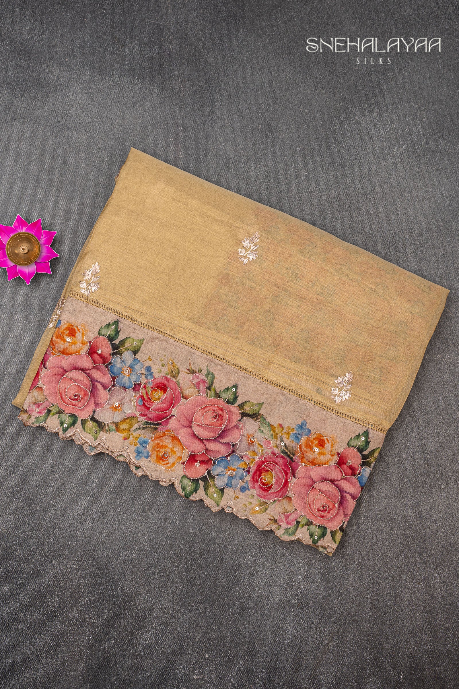 Sandal Tissue Embroidery Saree