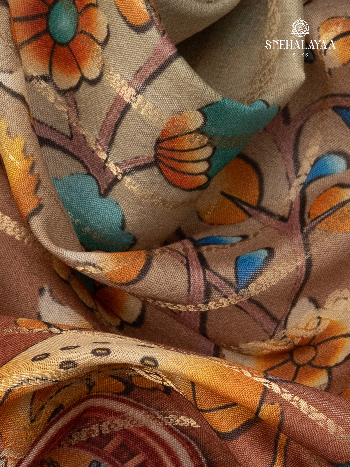 Beige Printed Mysore Silk Saree