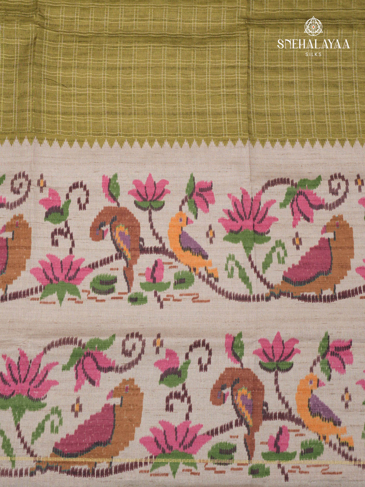 Olive Green Floral Printed Tussar Saree