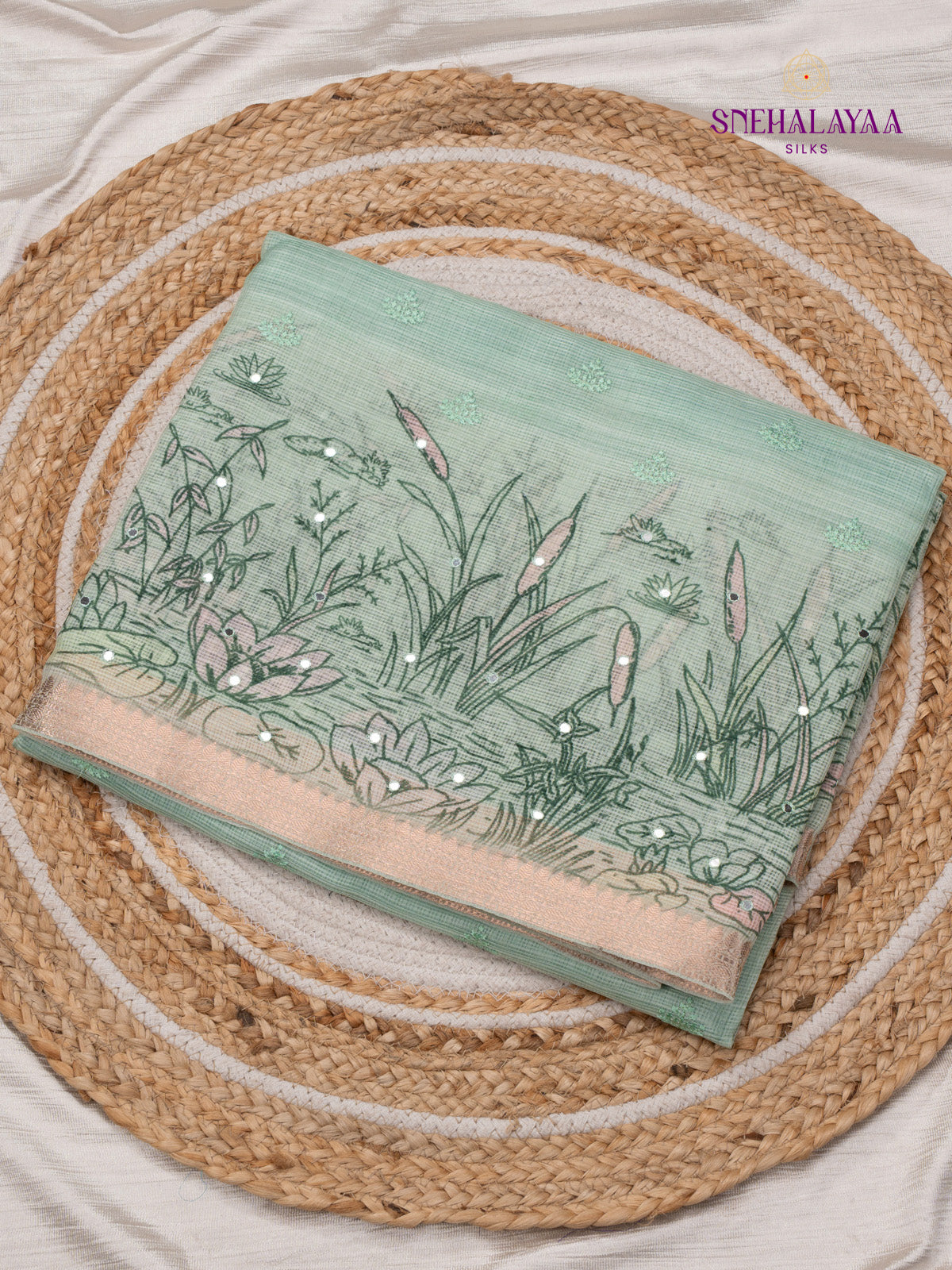 Teal Green Kota Embroidery Saree