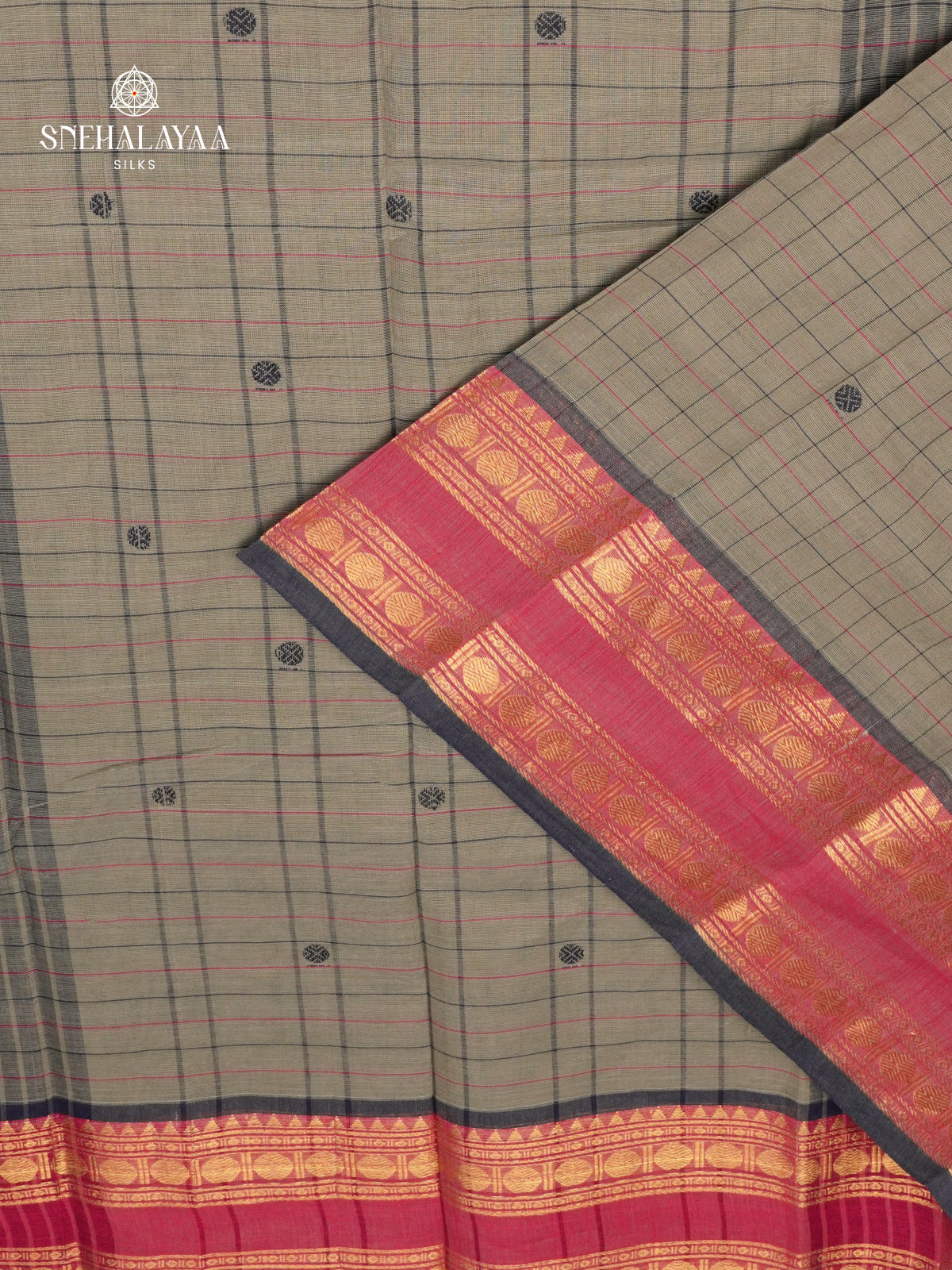 Checked Grey Kanchi Cotton Saree with Traditional Irandu Karai Zari Borders