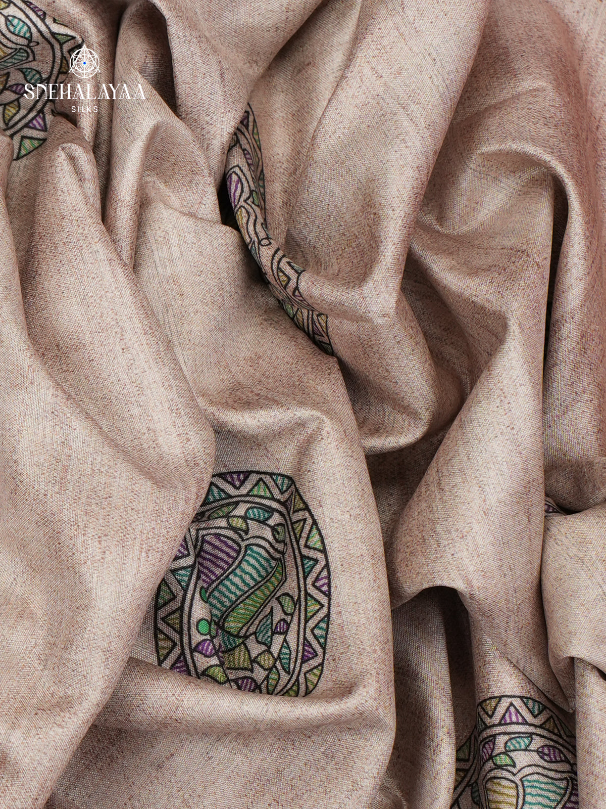 Beige with Orange Border Madhubani Saree