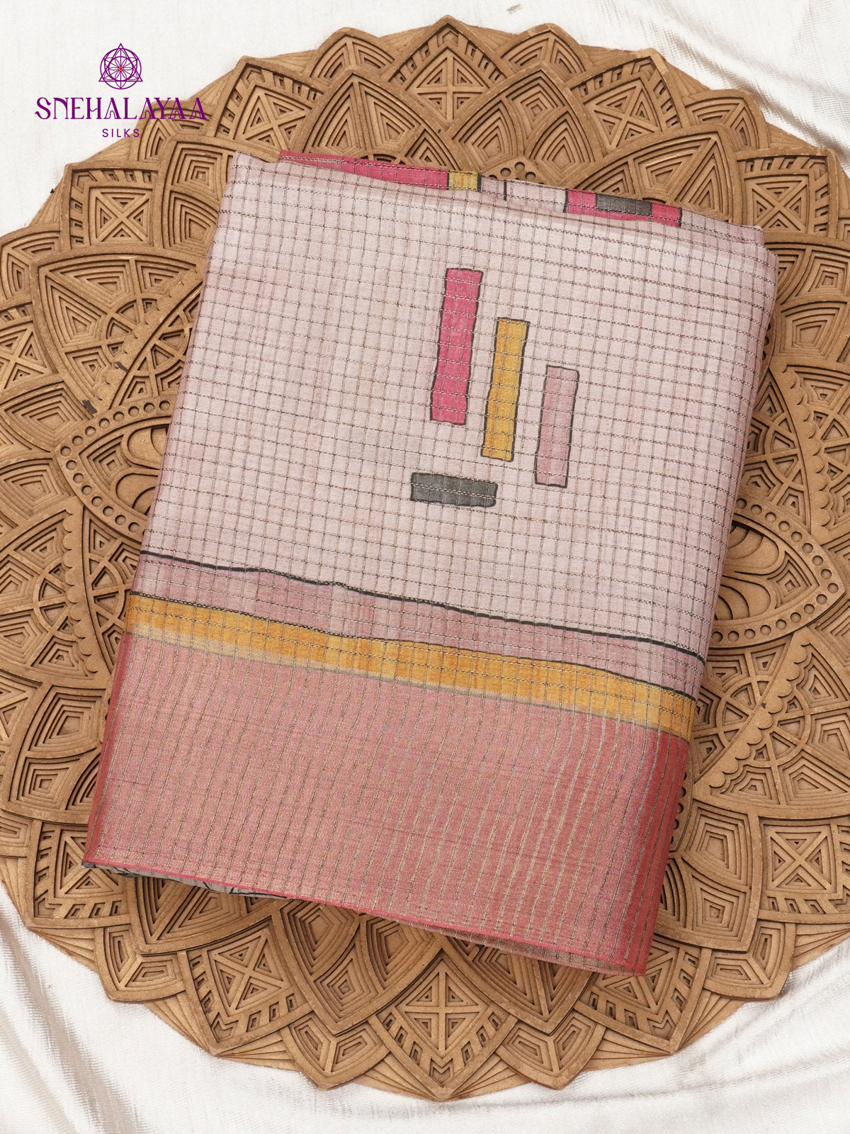 Pastel Pink Floral Printed Tussar Saree