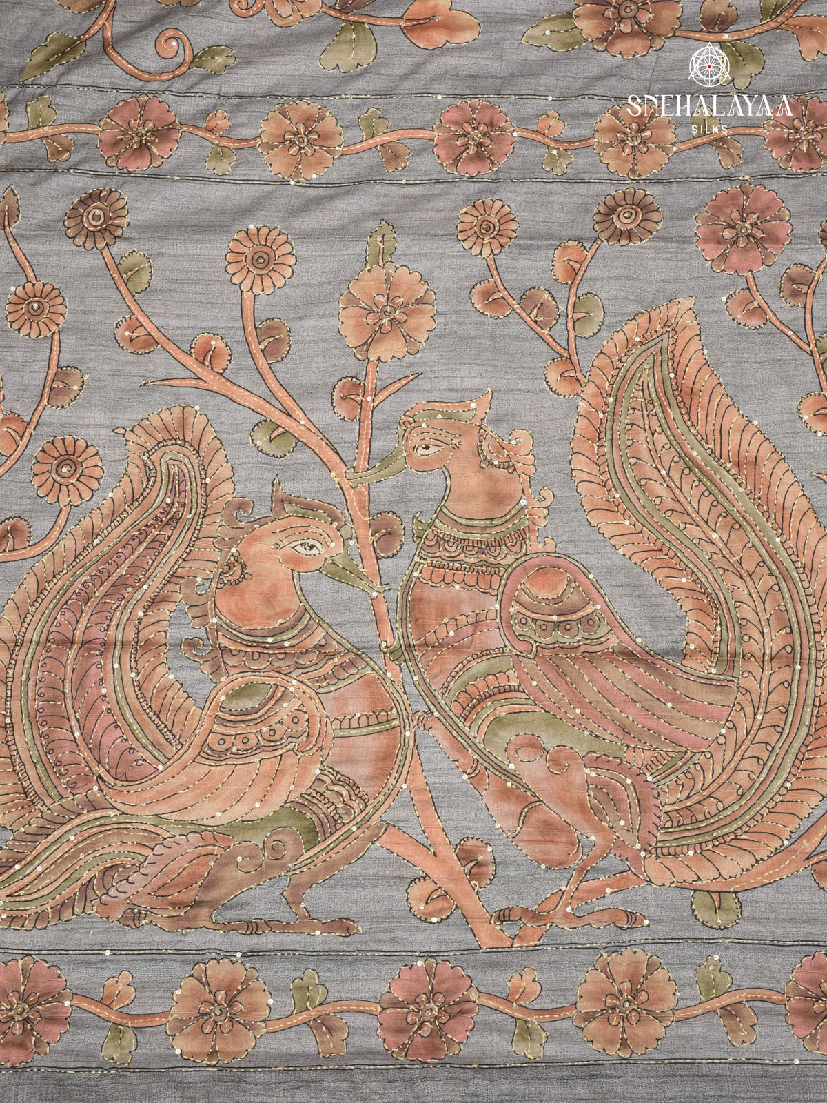 Grey Tussar Embroidery Saree