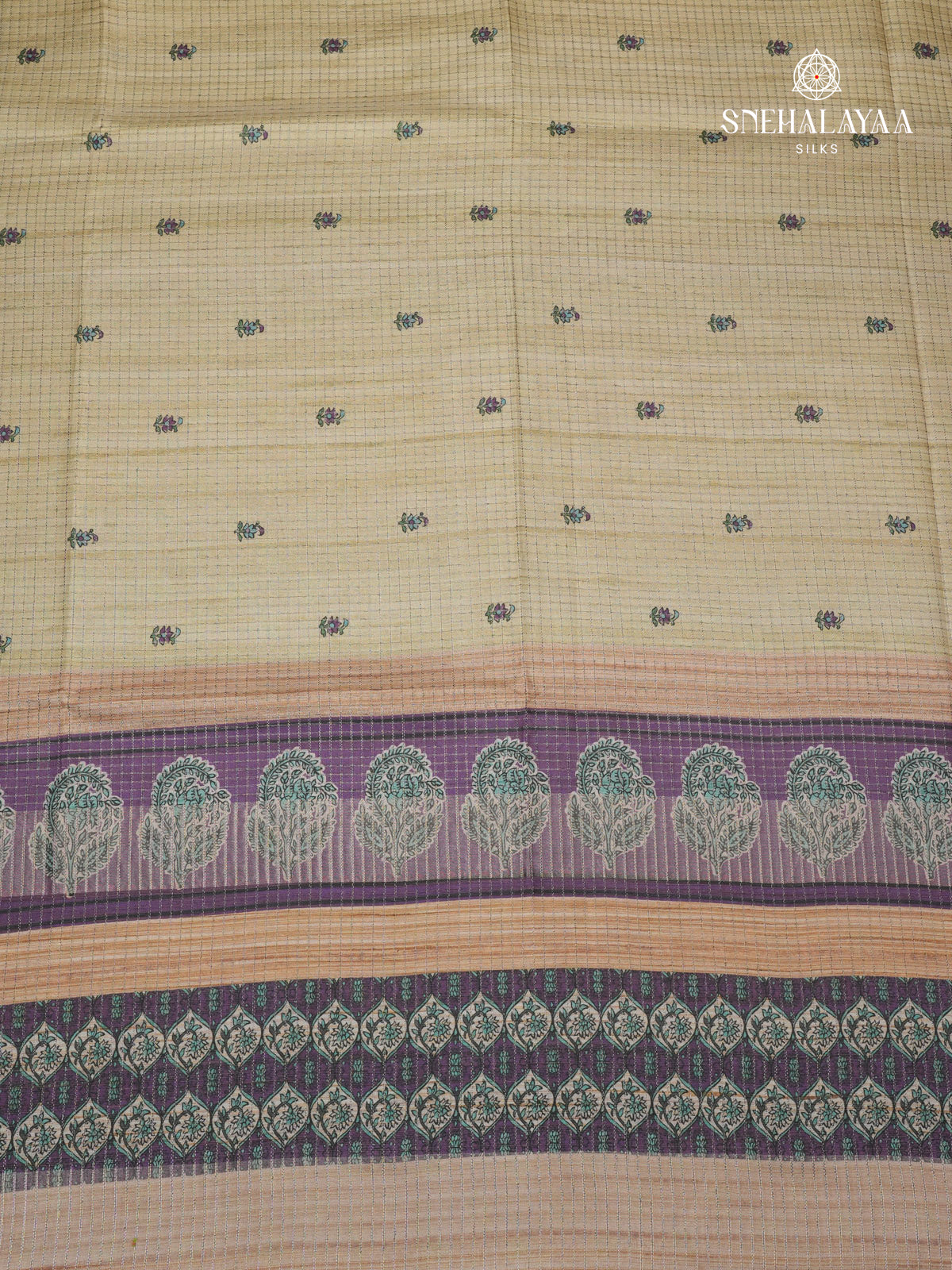 Beige Floral Printed Tussar Saree