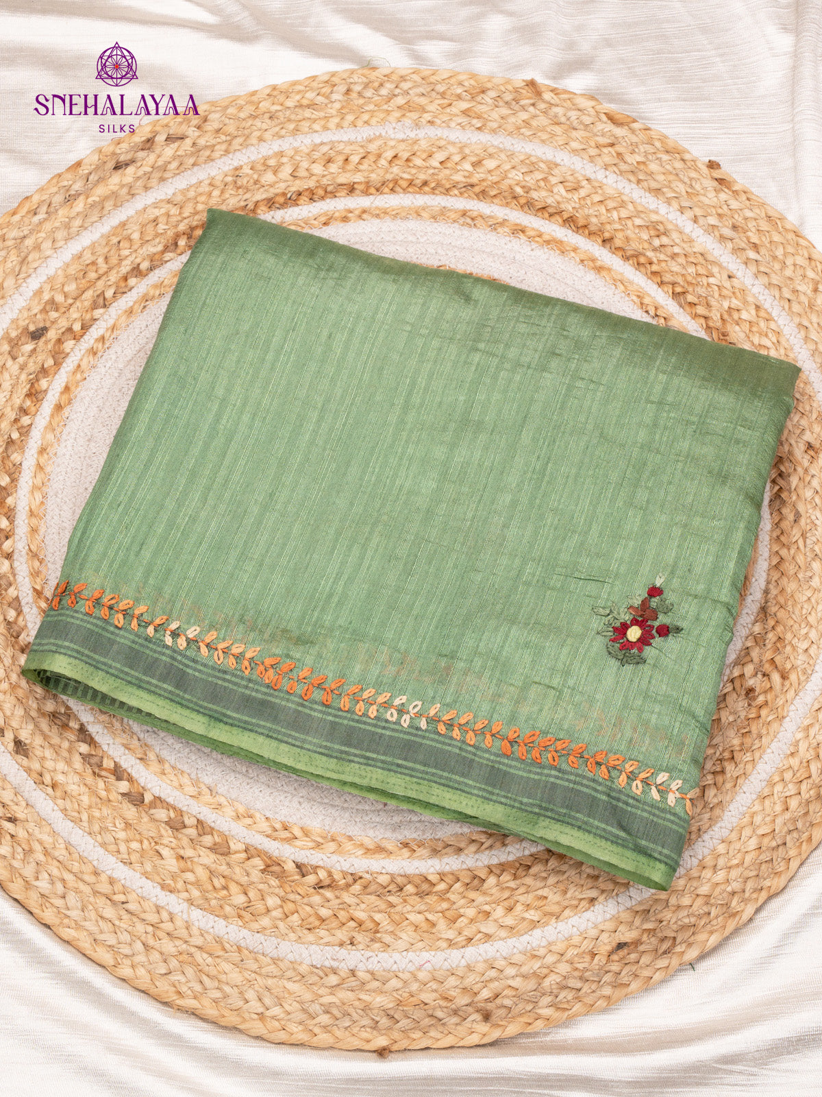 Sage Green Raw Silk Embroidery Saree