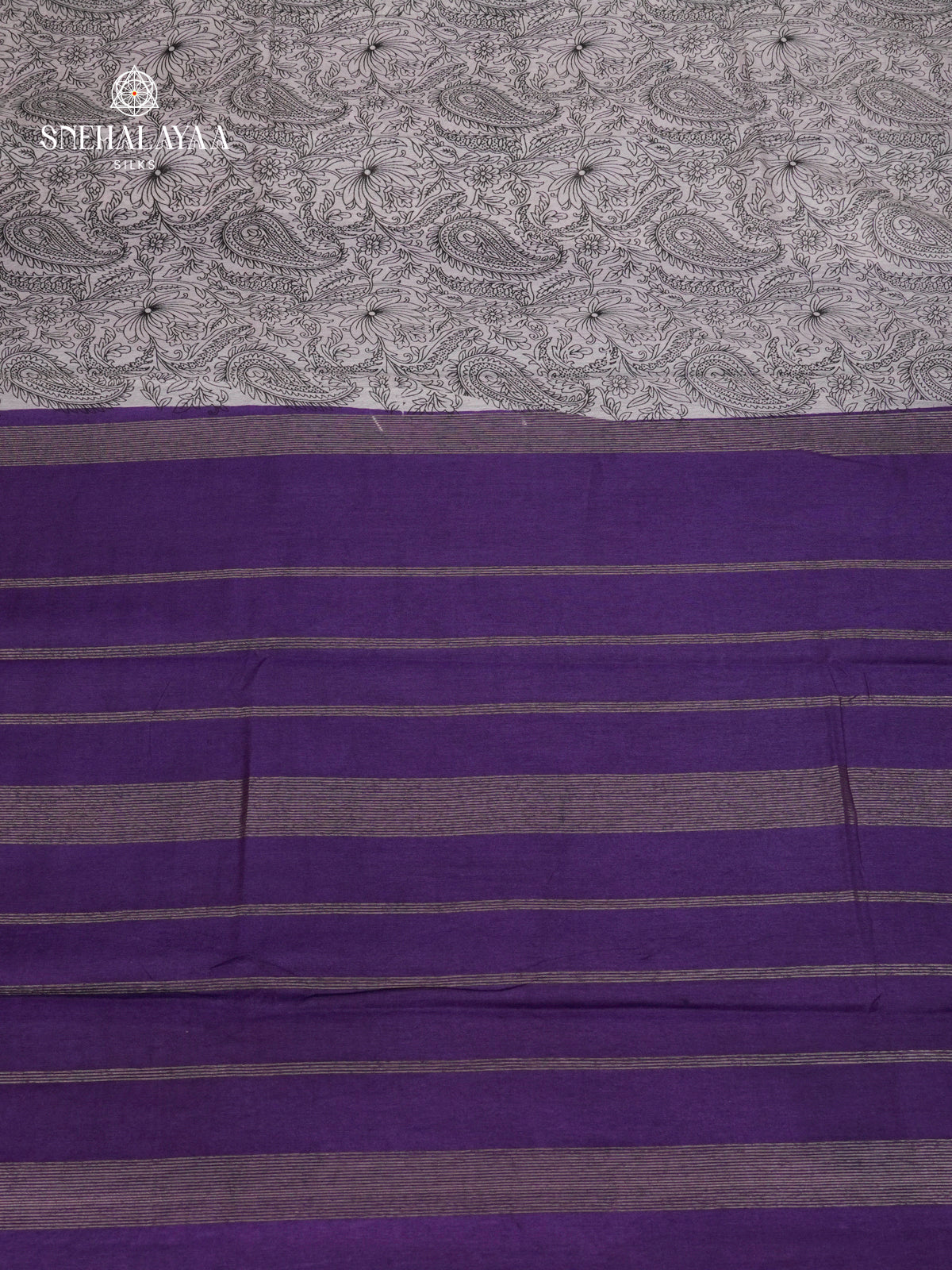 Off-White Kalamkari Saree with Purple Woven Border
