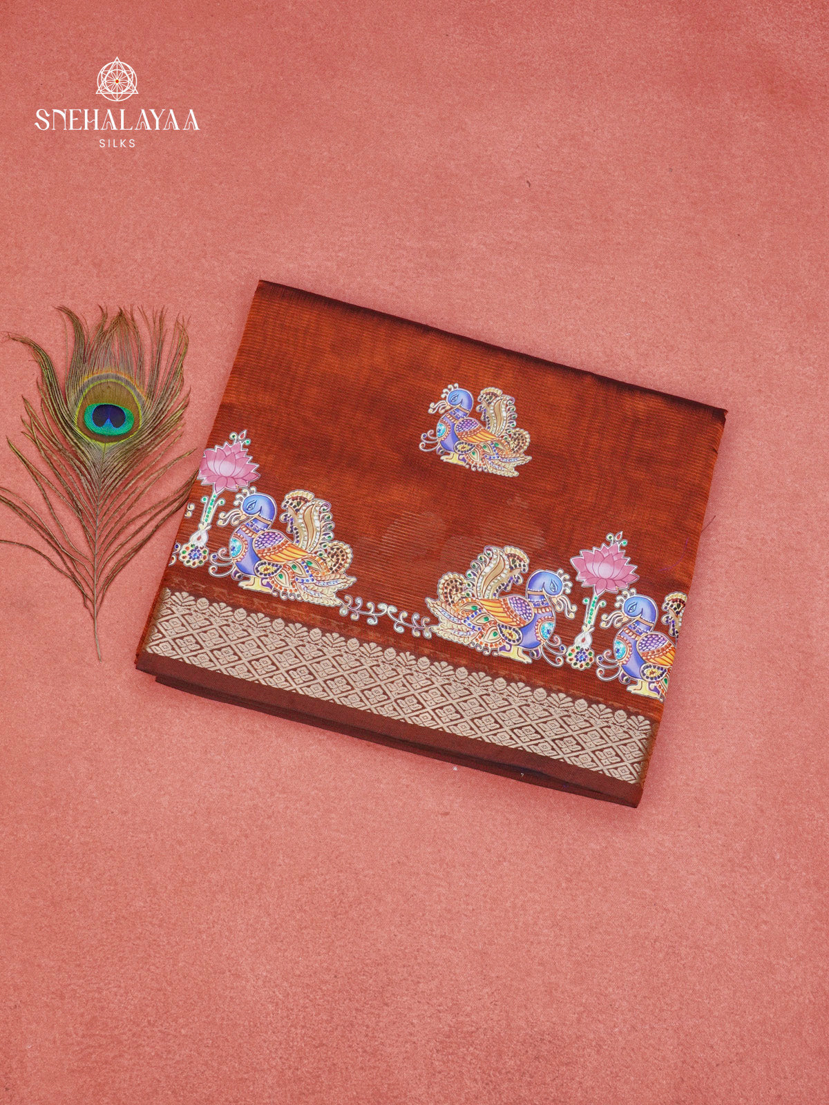 Rust Orange Mangalagiri Silk Cotton Saree with Tanjore Art Print