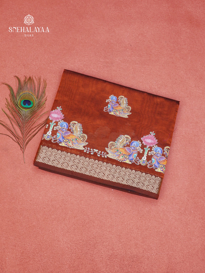 Rust Orange Mangalagiri Silk Cotton Saree with Tanjore Art Print